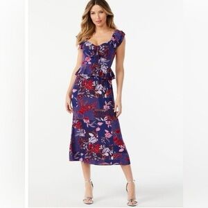 Sofia by Sofia Vergara Navy and Red Floral Midi Dress